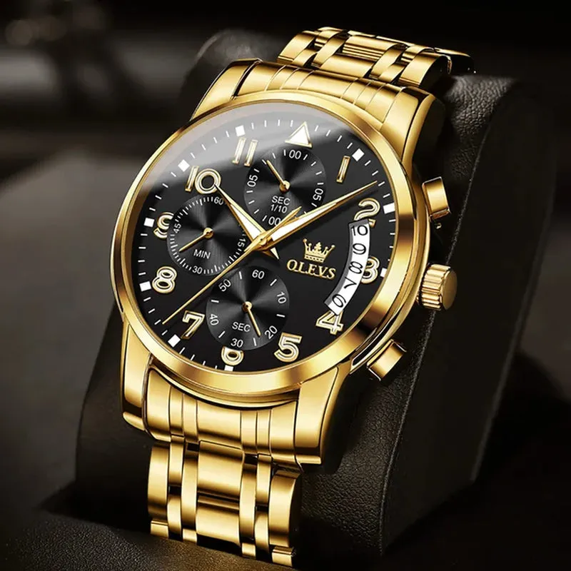 OLEVS Gold Watch for Men Luxury Top Brand Luminous Waterproof Steel Sport Chronograph Multifunction Fashion Men'S Quartz Watch