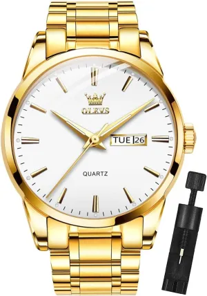 OLEVS Mens Gold Watches Analog Quartz Business Dress Watch Day Date Stainless Steel Classic Luxury Luminous Waterproof Casual Male Wrist Watches