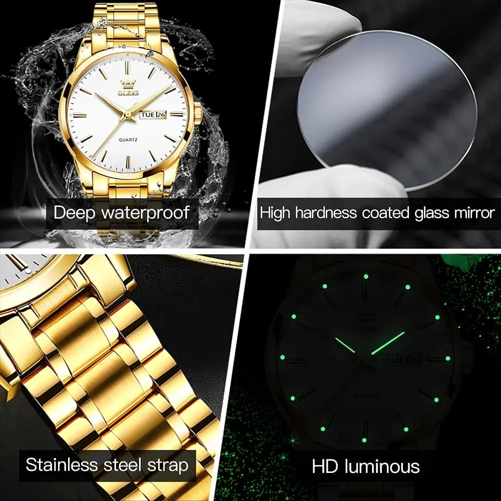 OLEVS Mens Gold Watches Analog Quartz Business Dress Watch Day Date Stainless Steel Classic Luxury Luminous Waterproof Casual Male Wrist Watches