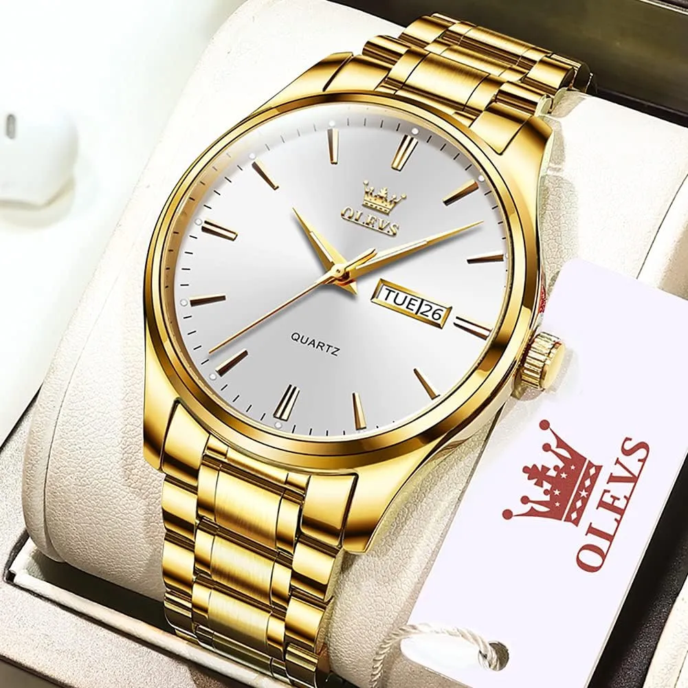 OLEVS Mens Gold Watches Analog Quartz Business Dress Watch Day Date Stainless Steel Classic Luxury Luminous Waterproof Casual Male Wrist Watches