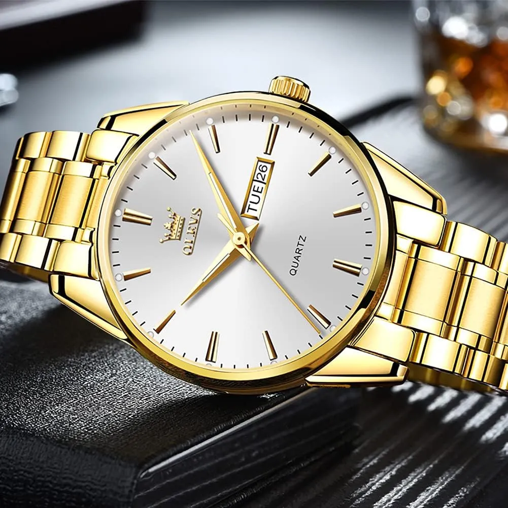 OLEVS Mens Gold Watches Analog Quartz Business Dress Watch Day Date Stainless Steel Classic Luxury Luminous Waterproof Casual Male Wrist Watches