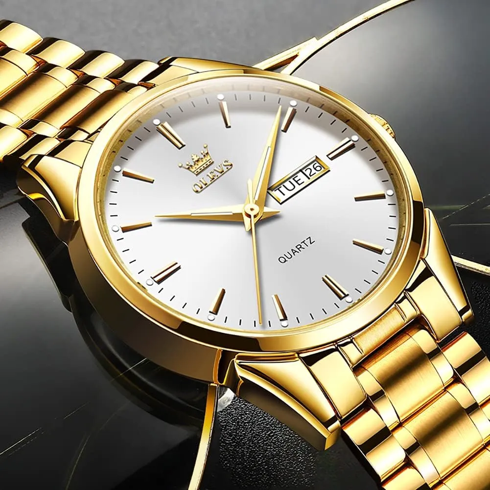 OLEVS Mens Gold Watches Analog Quartz Business Dress Watch Day Date Stainless Steel Classic Luxury Luminous Waterproof Casual Male Wrist Watches