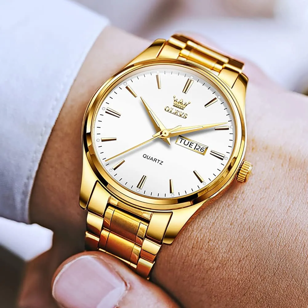 OLEVS Mens Gold Watches Analog Quartz Business Dress Watch Day Date Stainless Steel Classic Luxury Luminous Waterproof Casual Male Wrist Watches