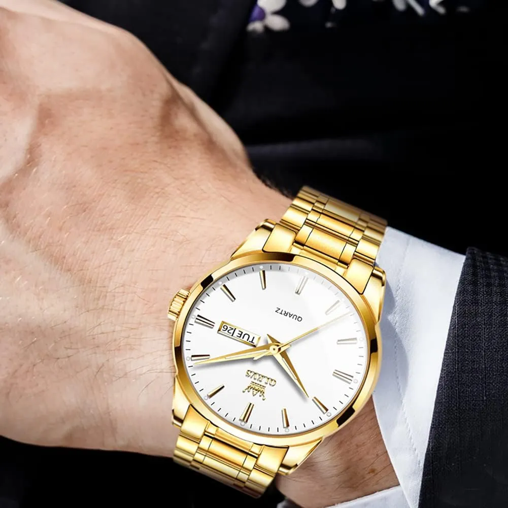 OLEVS Mens Gold Watches Analog Quartz Business Dress Watch Day Date Stainless Steel Classic Luxury Luminous Waterproof Casual Male Wrist Watches