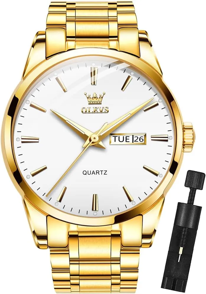 OLEVS Mens Gold Watches Analog Quartz Business Dress Watch Day Date Stainless Steel Classic Luxury Luminous Waterproof Casual Male Wrist Watches