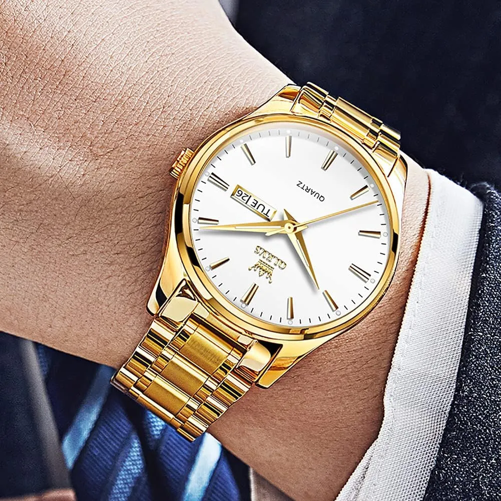 OLEVS Mens Gold Watches Analog Quartz Business Dress Watch Day Date Stainless Steel Classic Luxury Luminous Waterproof Casual Male Wrist Watches