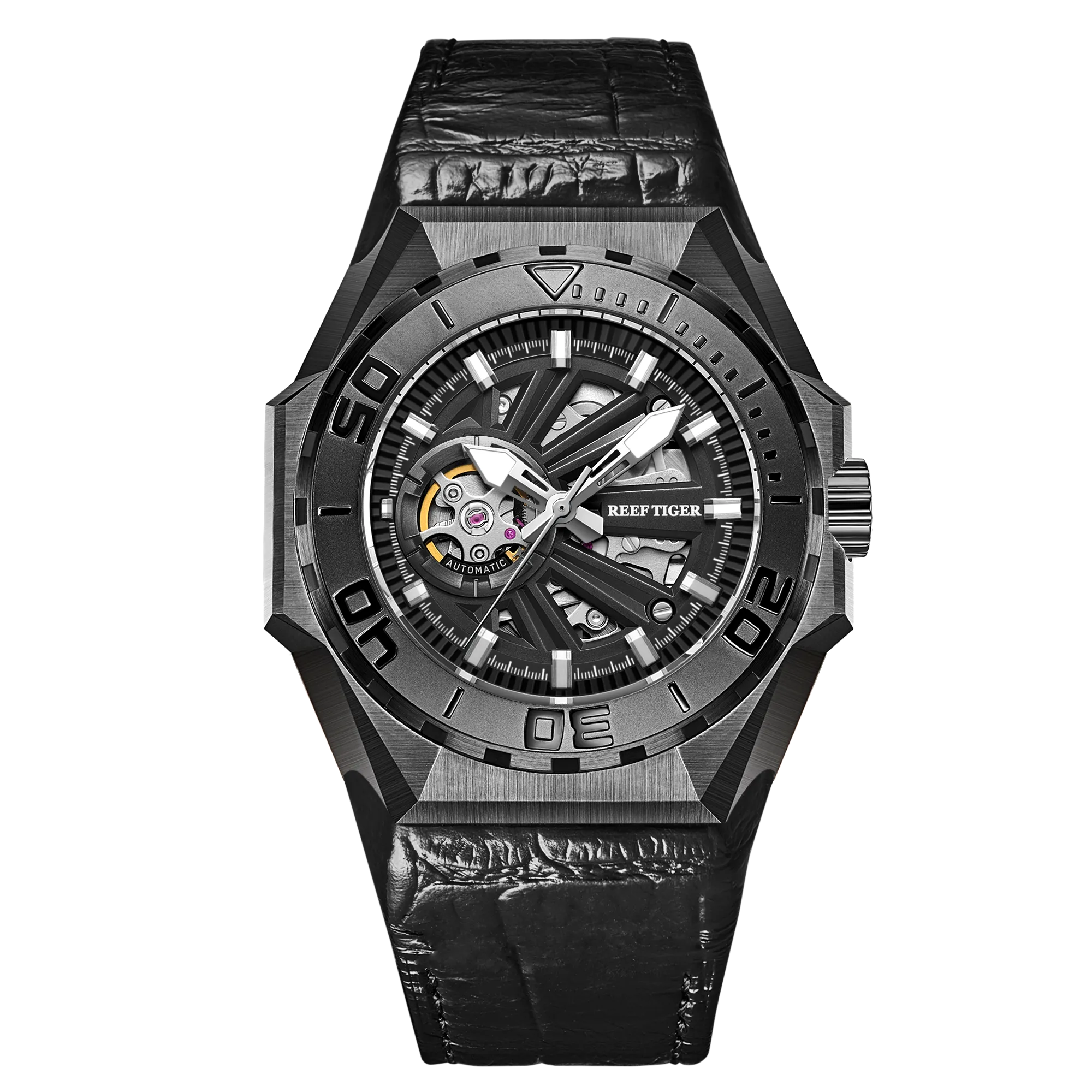 Reef Tiger/RT Men Sports Watches Skeleton Steel Automatic Mechanical Military Watches Leather Strap Relogio Masculino RGA6903-S