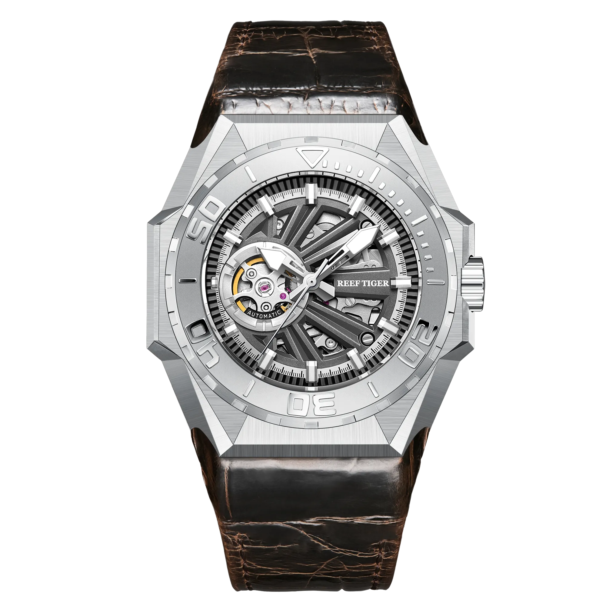 Reef Tiger/RT Men Sports Watches Skeleton Steel Automatic Mechanical Military Watches Leather Strap Relogio Masculino RGA6903-S