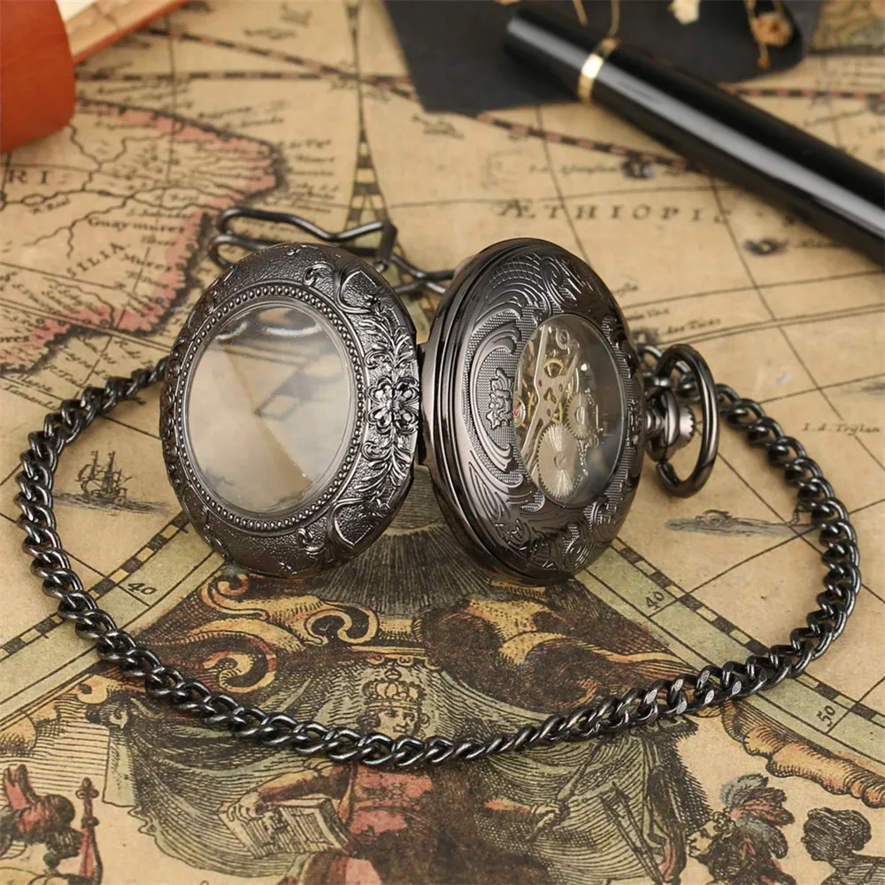 Retro Mechanical Watch with Blue Roman Numerals / Black Clock Pocket on Chain with Chic Pattern
