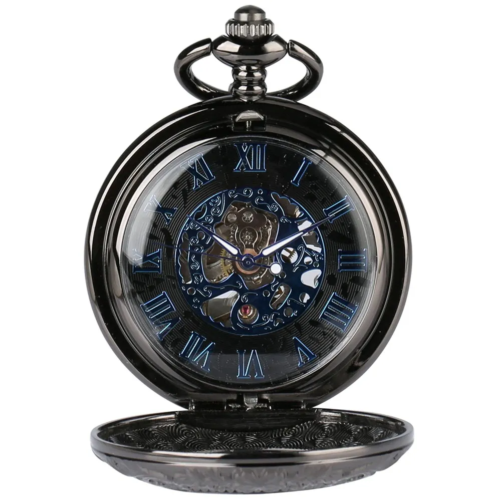 Retro Mechanical Watch with Blue Roman Numerals / Black Clock Pocket on Chain with Chic Pattern