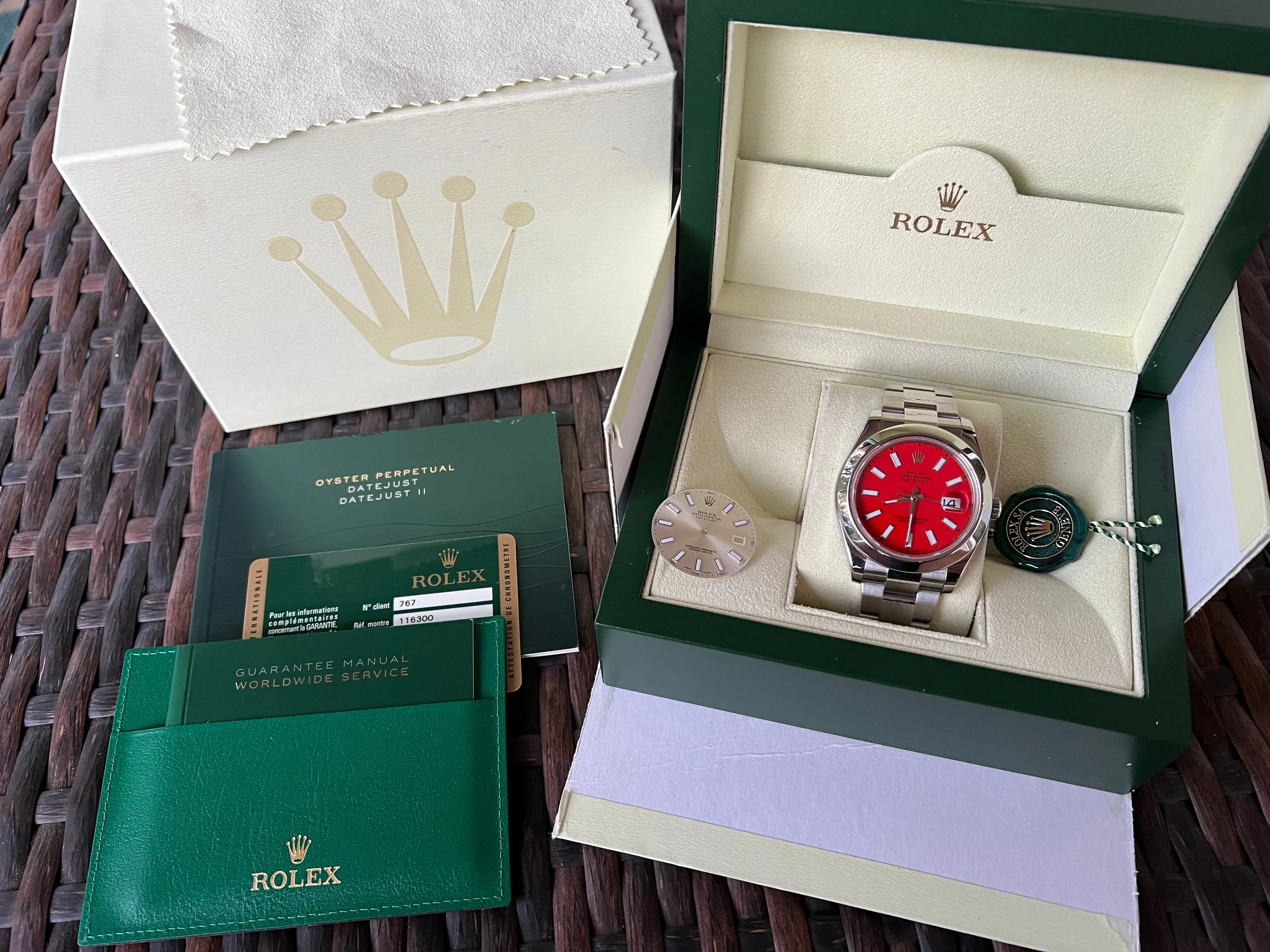 Rolex Datejust 41mm 116300 Stainless Steel Mens Watch.  Refinished Coral Red Dial Mint