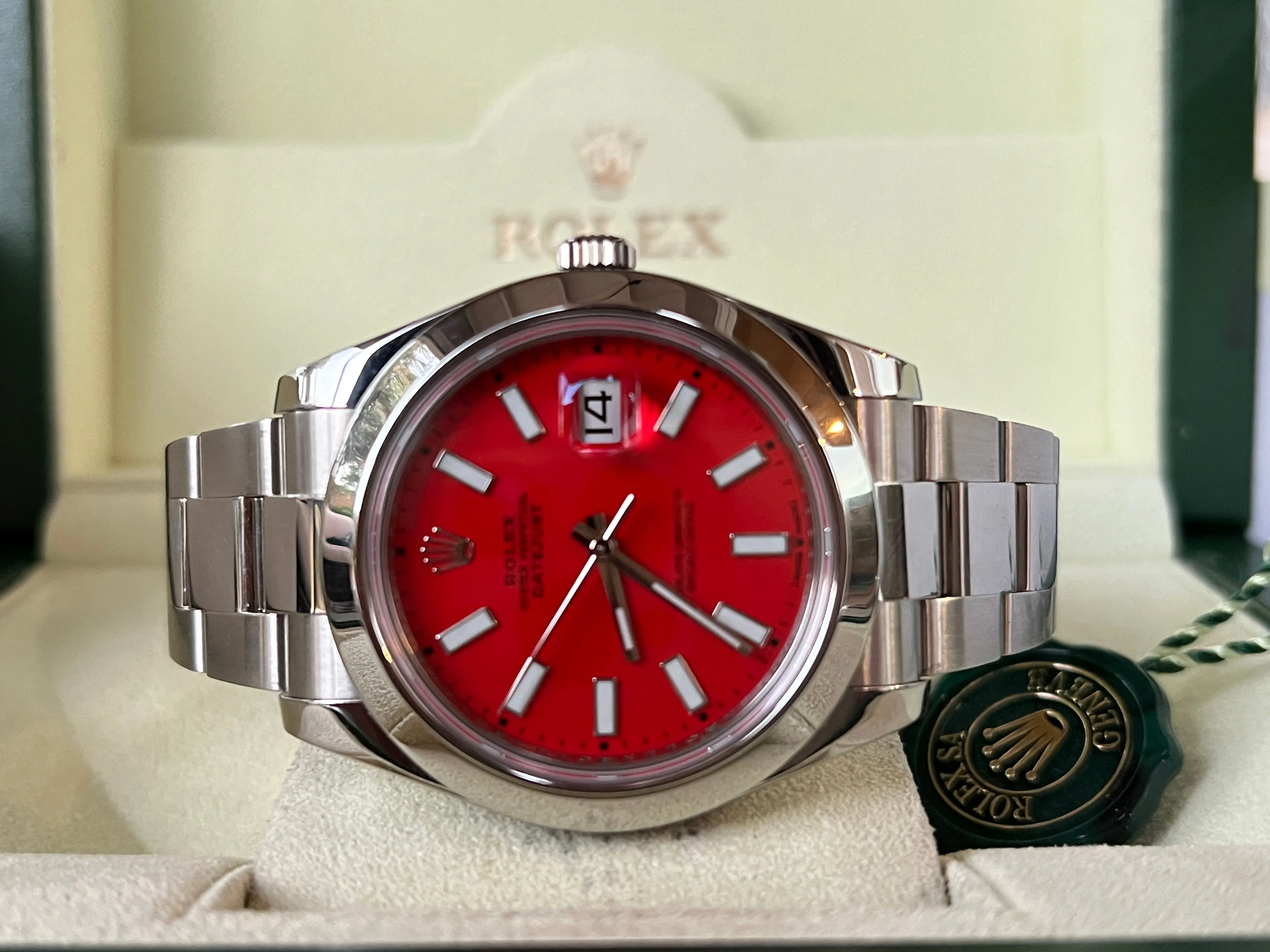 Rolex Datejust 41mm 116300 Stainless Steel Mens Watch.  Refinished Coral Red Dial Mint