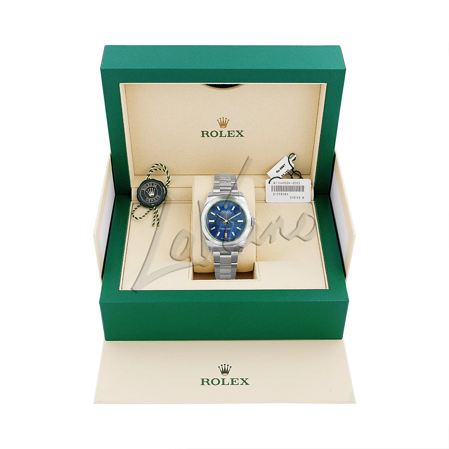 Rolex Milgauss Blue Dial Green Crystal Steel Watch