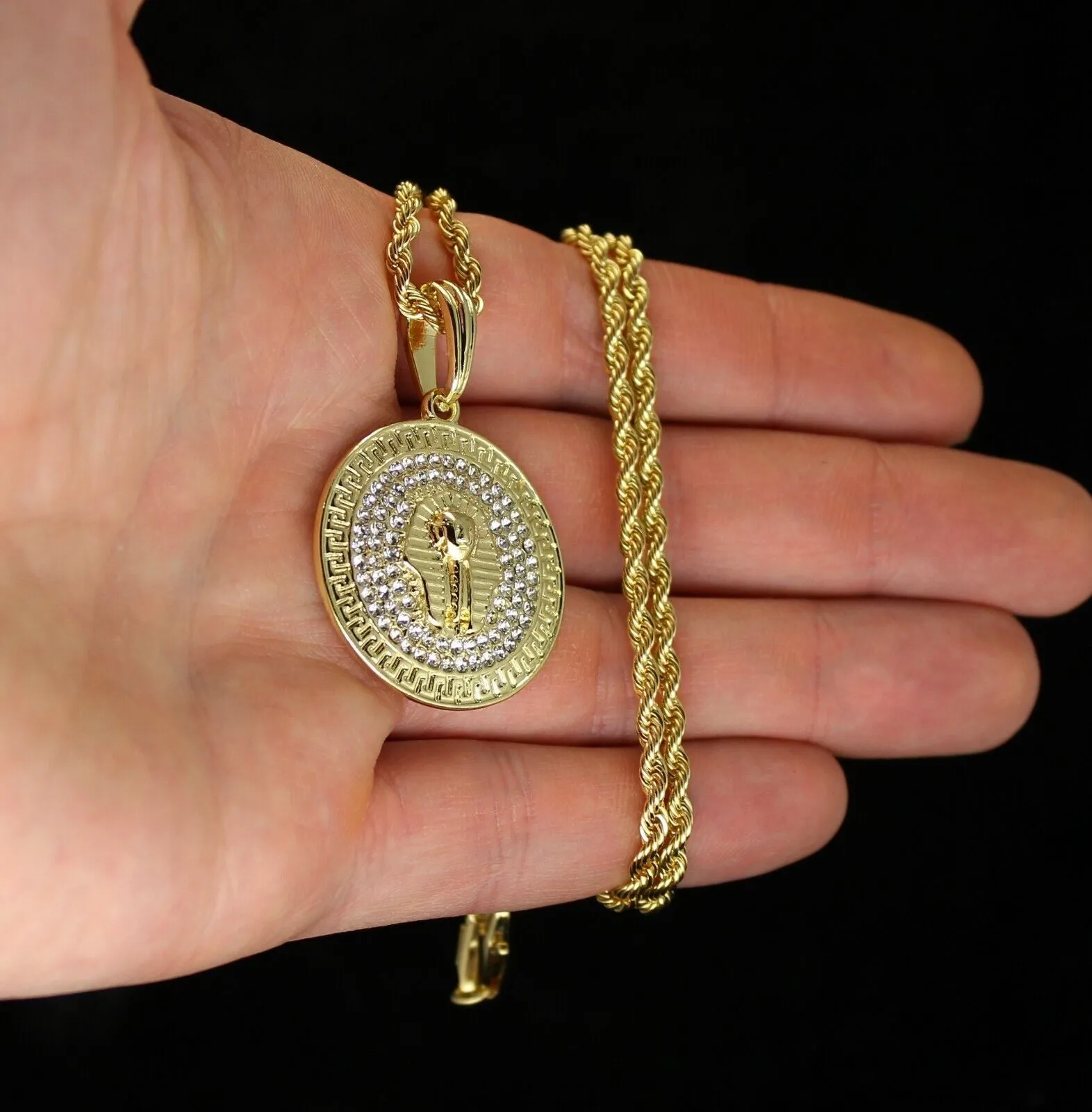 Round Pharaoh Head Cz Pendant 14K Gold Plated W/ 24" Rope Chain Hip Hop Necklace
