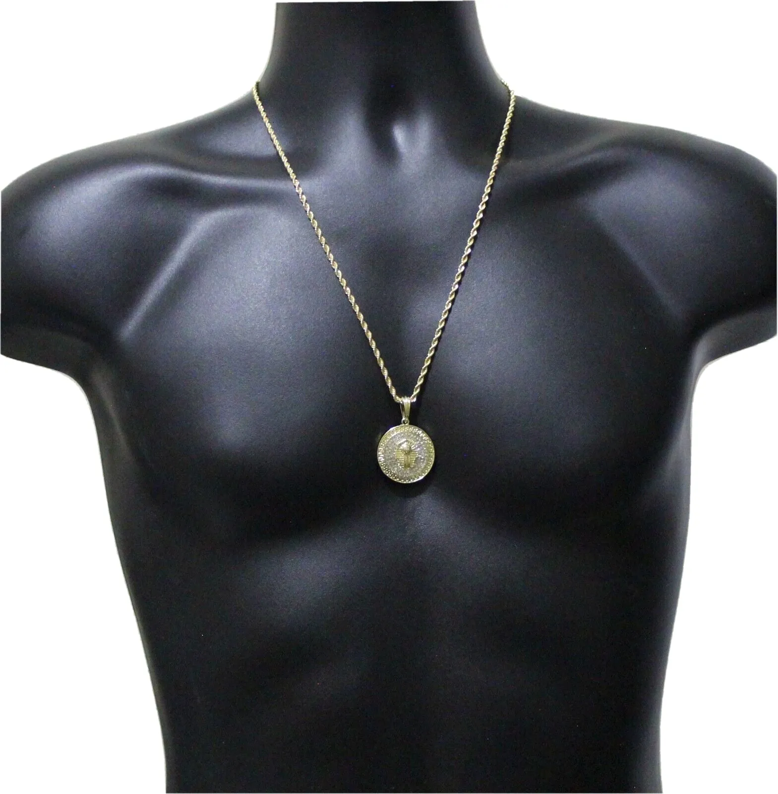 Round Pharaoh Head Cz Pendant 14K Gold Plated W/ 24" Rope Chain Hip Hop Necklace