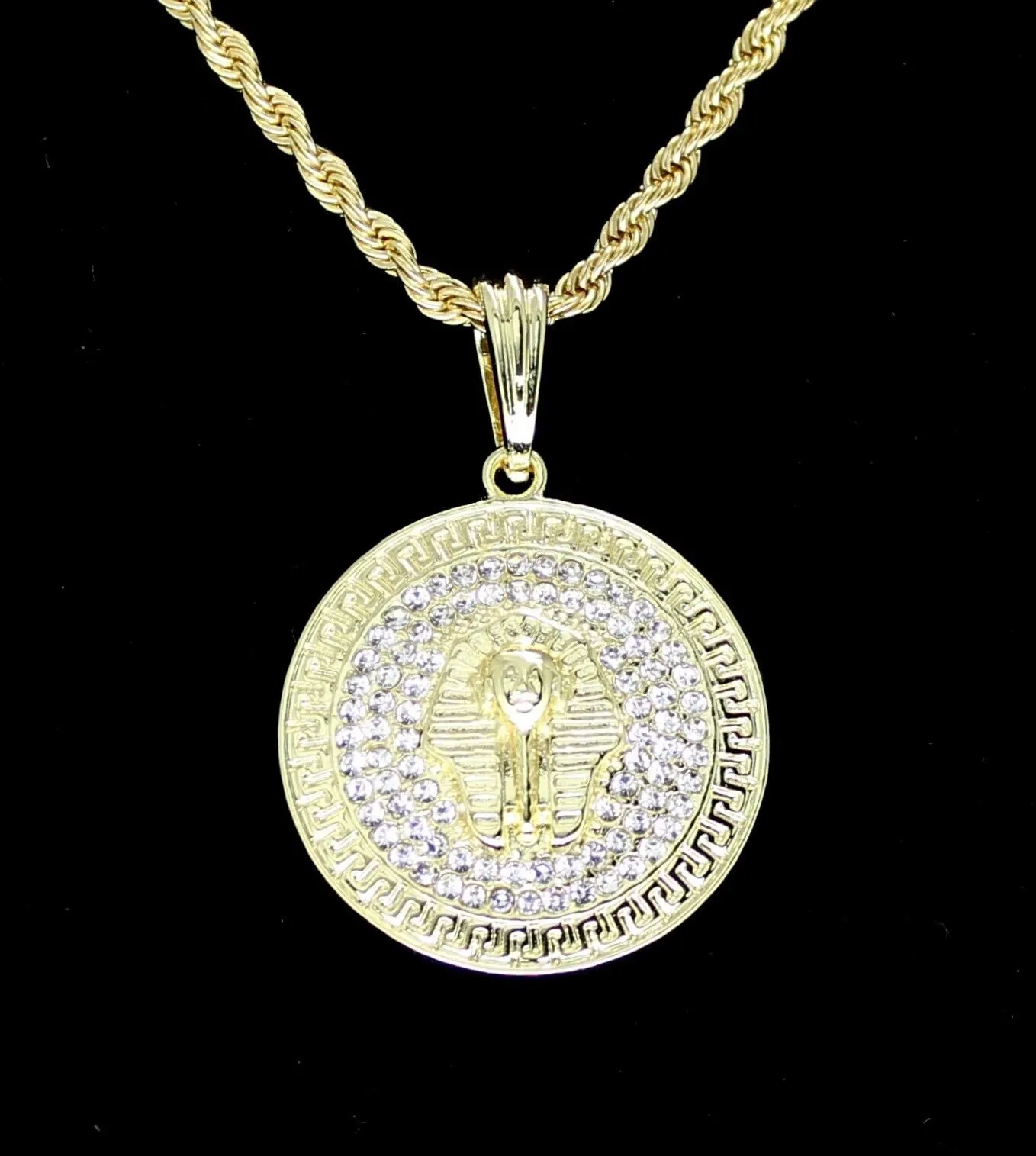 Round Pharaoh Head Cz Pendant 14K Gold Plated W/ 24" Rope Chain Hip Hop Necklace