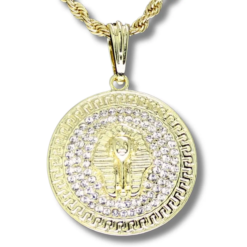 Round Pharaoh Head Cz Pendant 14K Gold Plated W/ 24" Rope Chain Hip Hop Necklace
