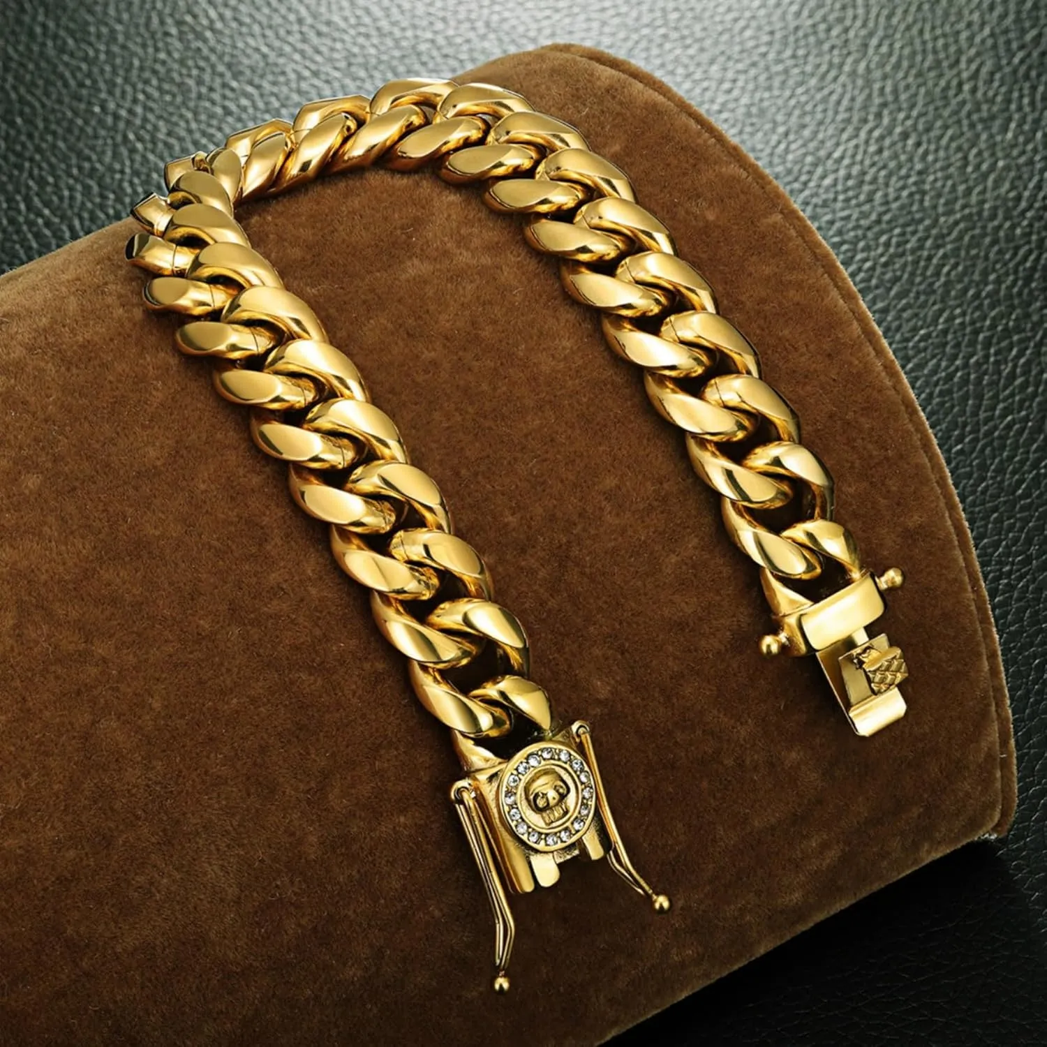 ROWIN&CO Miami Cuban Link Chain for Men 18K Gold Stainless Steel Curb Necklace/Bracelet, Hip Hop Jewelry, Durable & Anti-Tarnish CZ Diamond Skull Clasp Chain 8" to 30" Inch