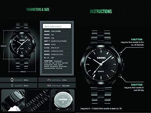 SKMEI Stainless Steel 30m Waterproof Analog Rose Gold Smartwatch