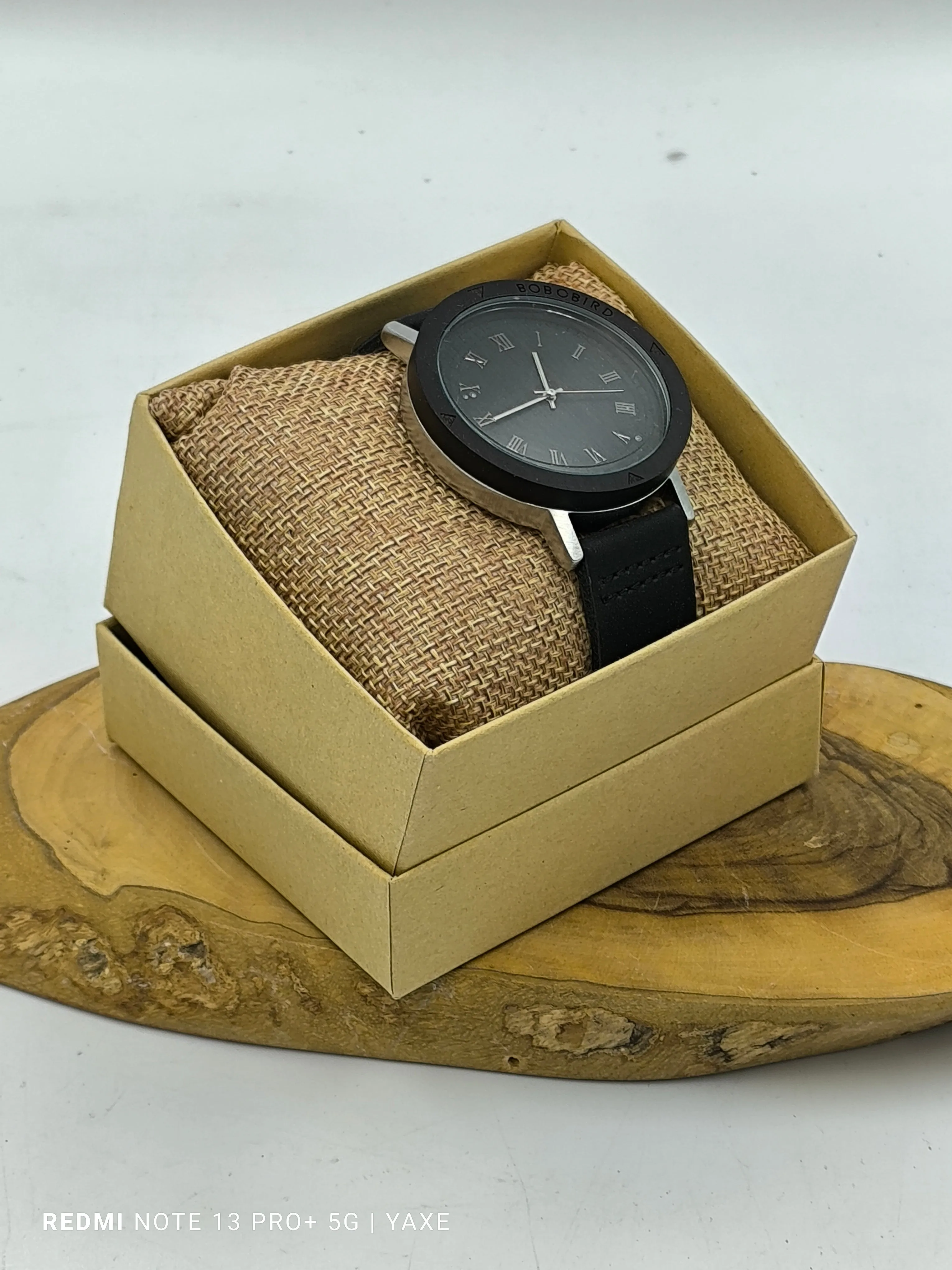 Stylish unisex wooden watch with genuine black leather strap