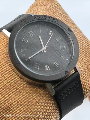 Stylish unisex wooden watch with genuine black leather strap