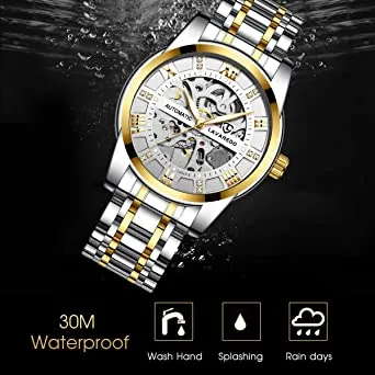 The Topic Mens Watches Mechanical Automatic Self-Winding Stainless Steel Skeleton Luxury Waterproof Diamond Dial Wrist Watches for Men