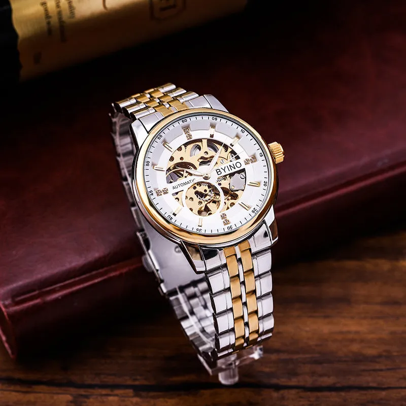 The Topic Mens Watches Mechanical Automatic Self-Winding Stainless Steel Skeleton Luxury Waterproof Diamond Dial Wrist Watches for Men