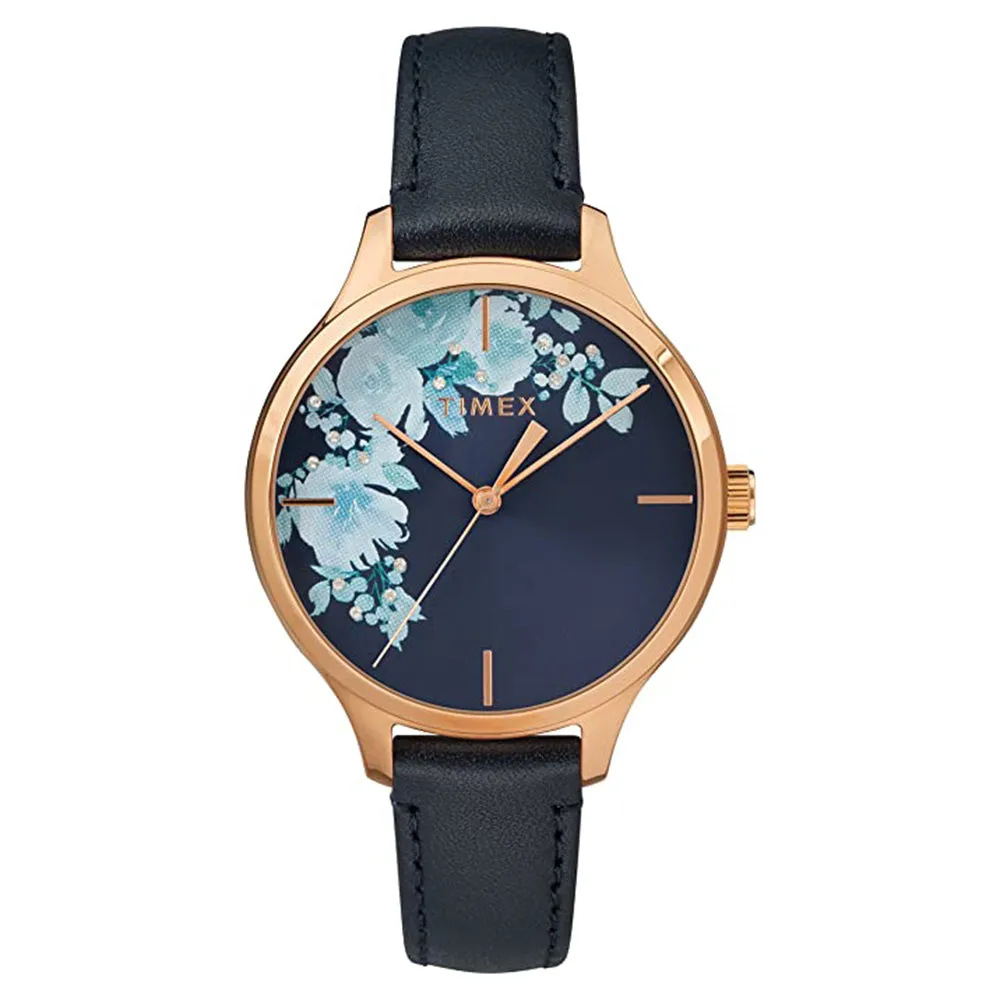 Timex Womens Rose Gold-Tone Analog Steel Blue Leather Strap Watch - TW2R66700