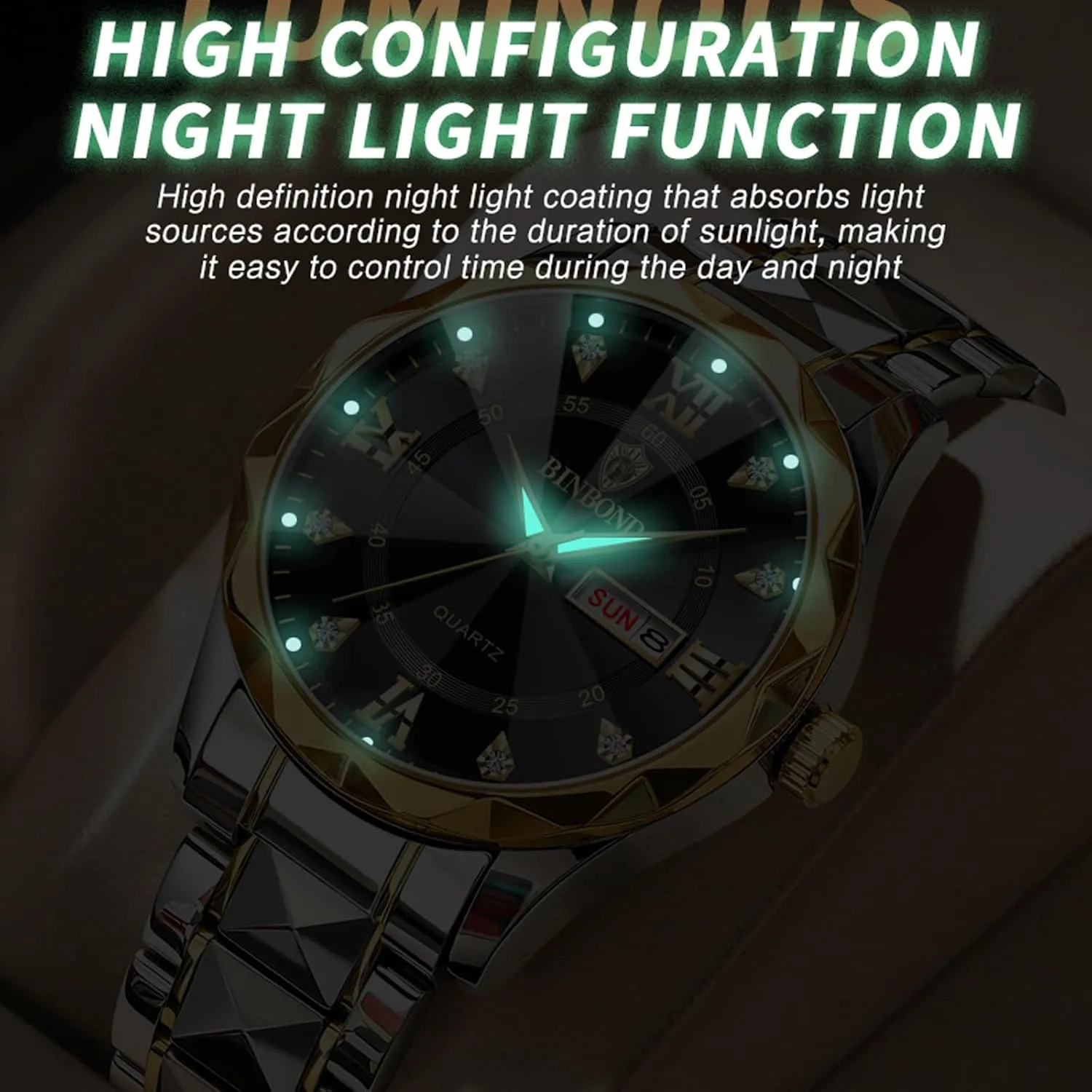 Watch for Men Stainless Steel Diamond Business Dress Analog Quartz Waterproof Luminous Date Two Tone Luxury Casual Mens Wrist Watches