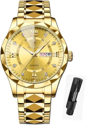 Watch for Men Stainless Steel Diamond Business Dress Analog Quartz Waterproof Luminous Date Two Tone Luxury Casual Mens Wrist Watches