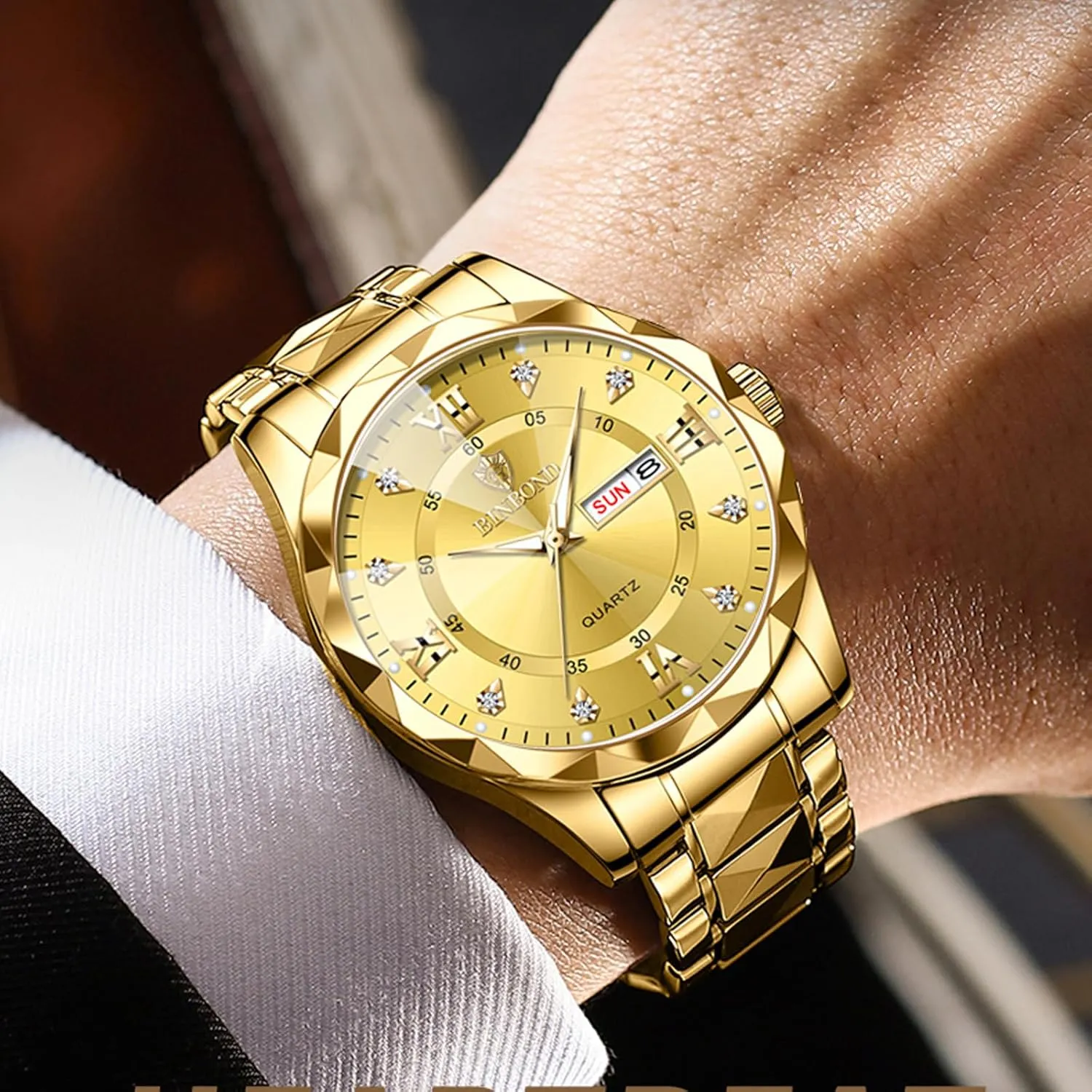 Watch for Men Stainless Steel Diamond Business Dress Analog Quartz Waterproof Luminous Date Two Tone Luxury Casual Mens Wrist Watches
