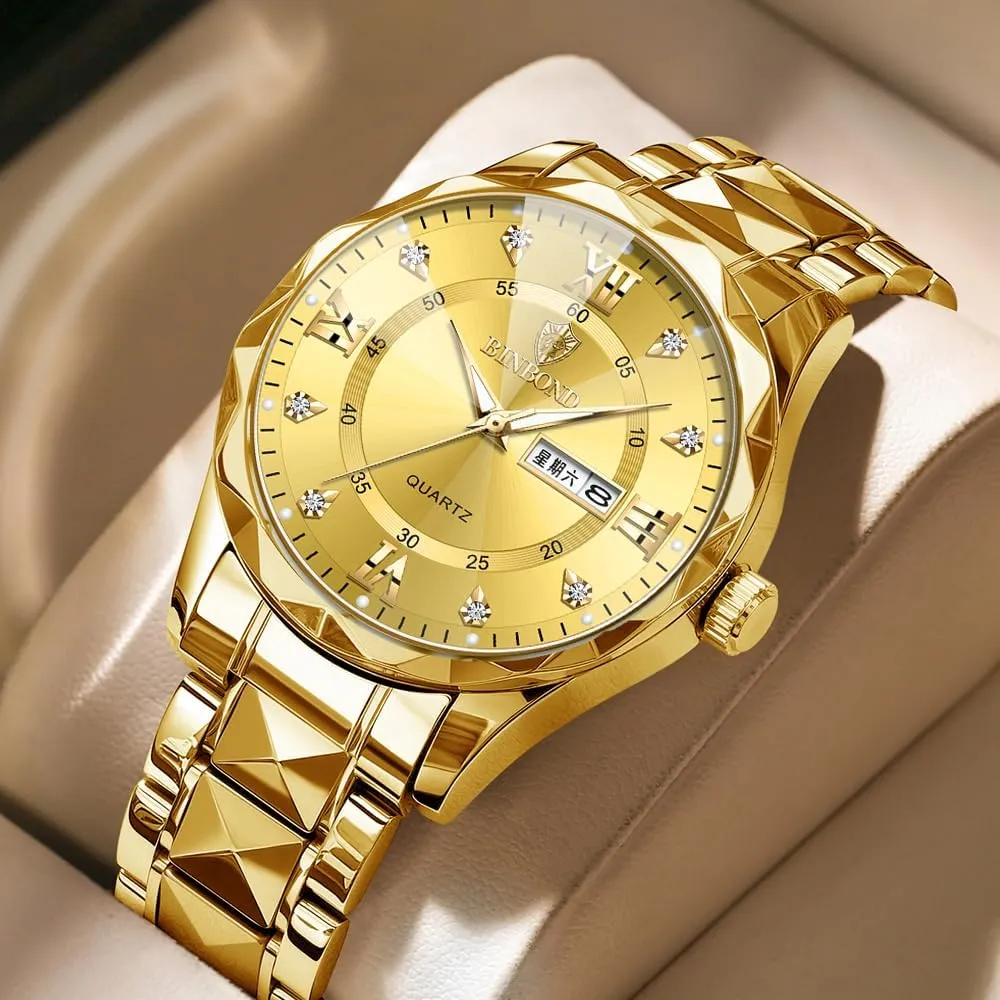 Watch for Men Stainless Steel Diamond Business Dress Analog Quartz Waterproof Luminous Date Two Tone Luxury Casual Mens Wrist Watches