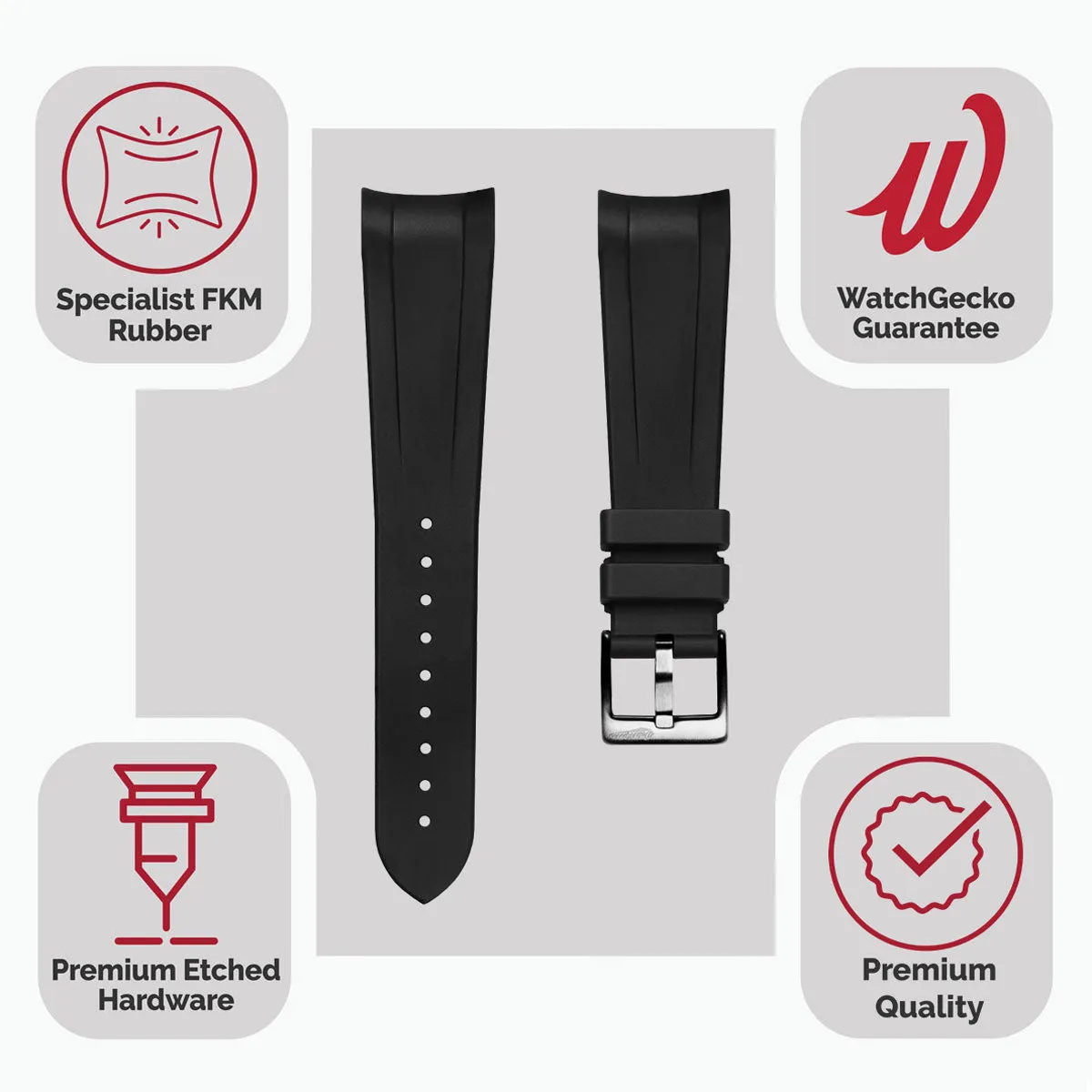 WatchGecko 41mm Tudor Black Bay Style Rubber Watch Strap - Black