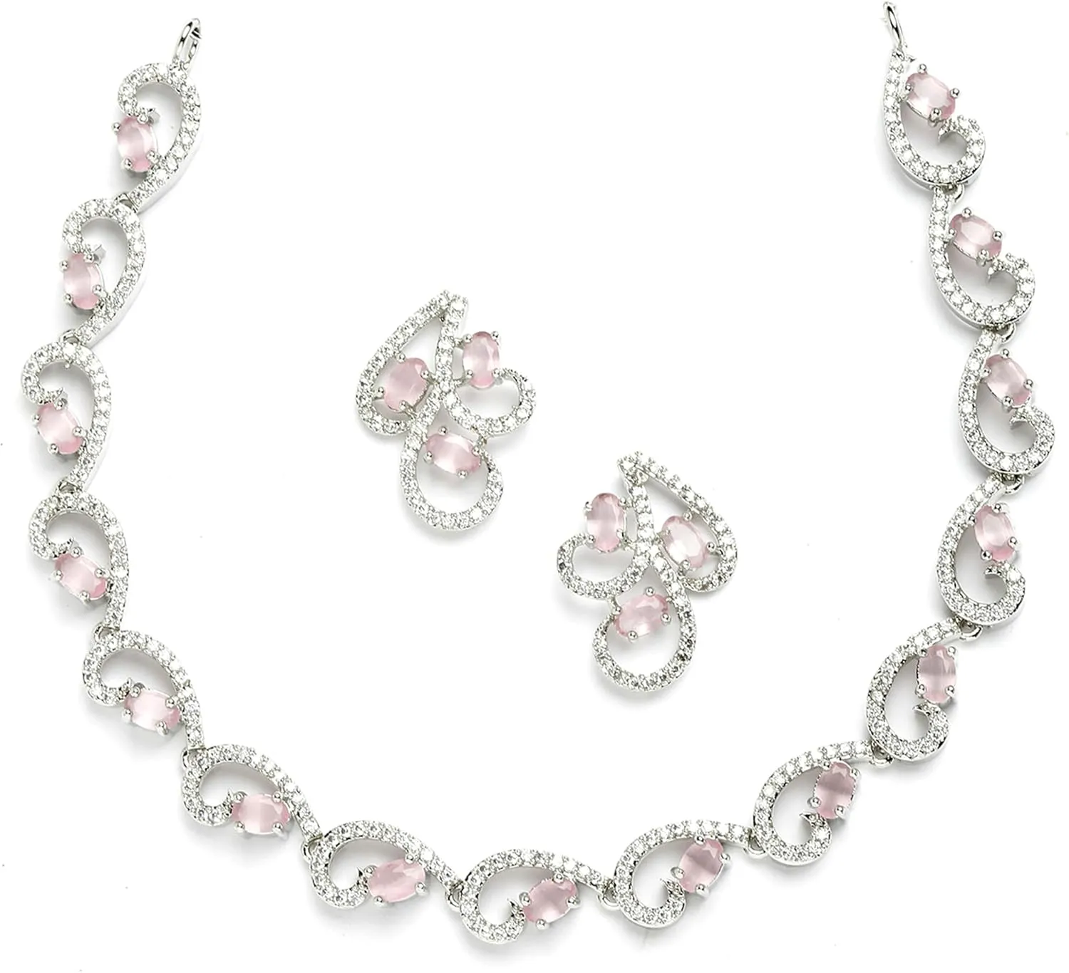 Women Rhodium-Plated with Silver-Toned Cubic Zirconia & American Diamond studded Necklace and Drop Earrings Jewellery Set