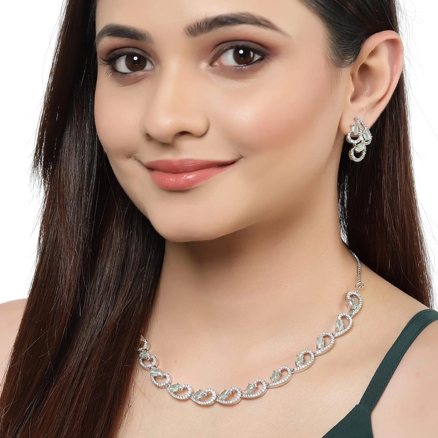 Women Rhodium-Plated with Silver-Toned Cubic Zirconia & American Diamond studded Necklace and Drop Earrings Jewellery Set
