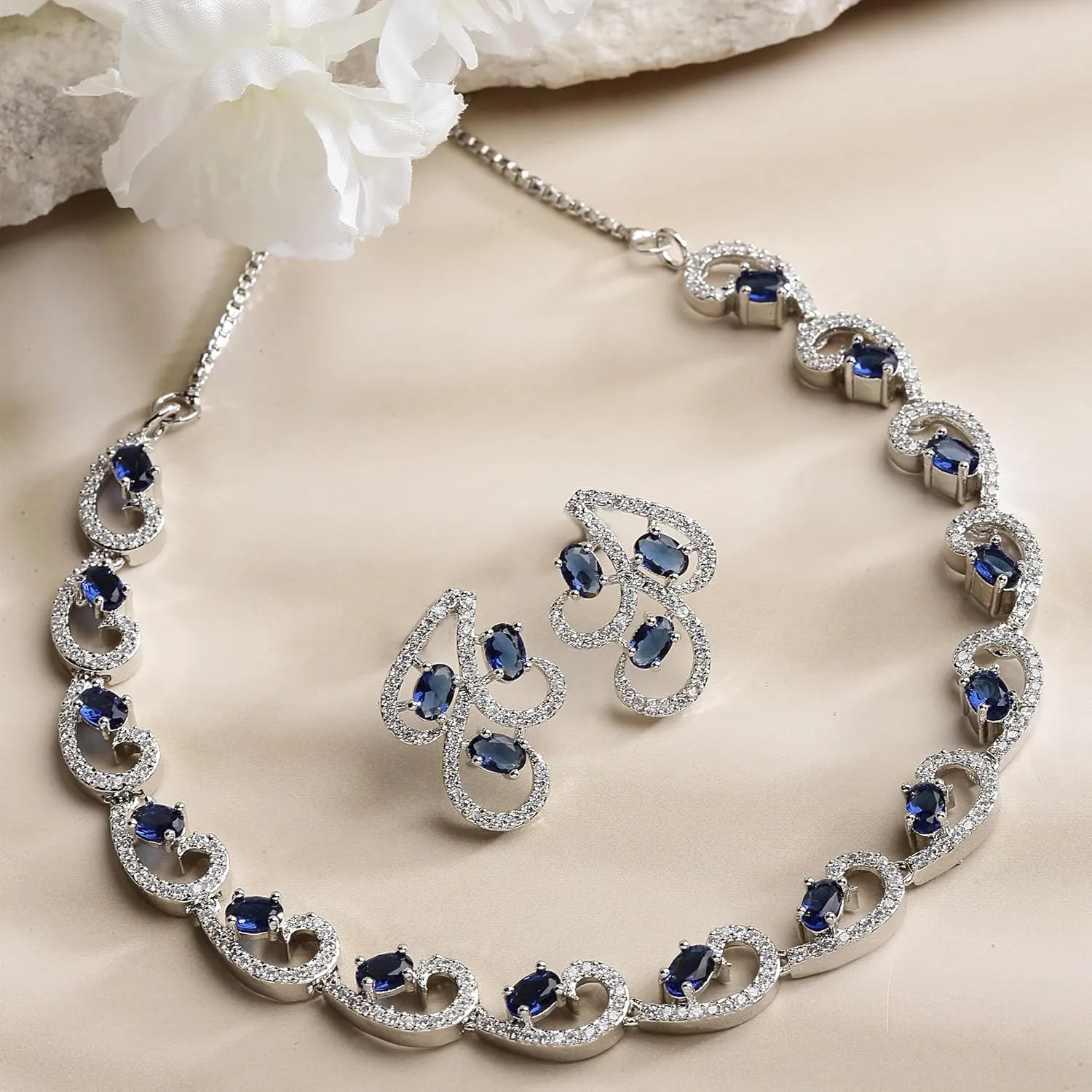 Women Rhodium-Plated with Silver-Toned Cubic Zirconia & American Diamond studded Necklace and Drop Earrings Jewellery Set