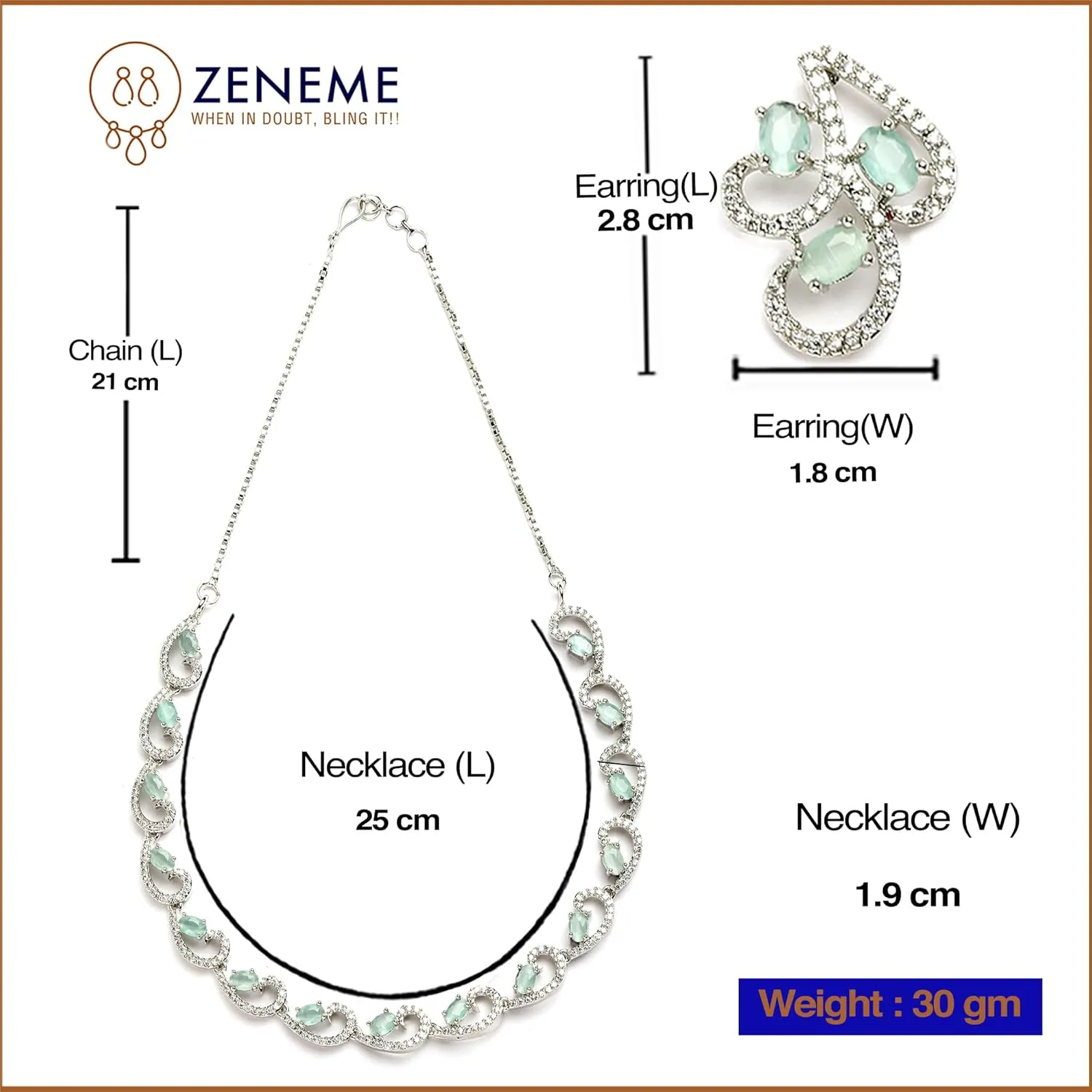 Women Rhodium-Plated with Silver-Toned Cubic Zirconia & American Diamond studded Necklace and Drop Earrings Jewellery Set