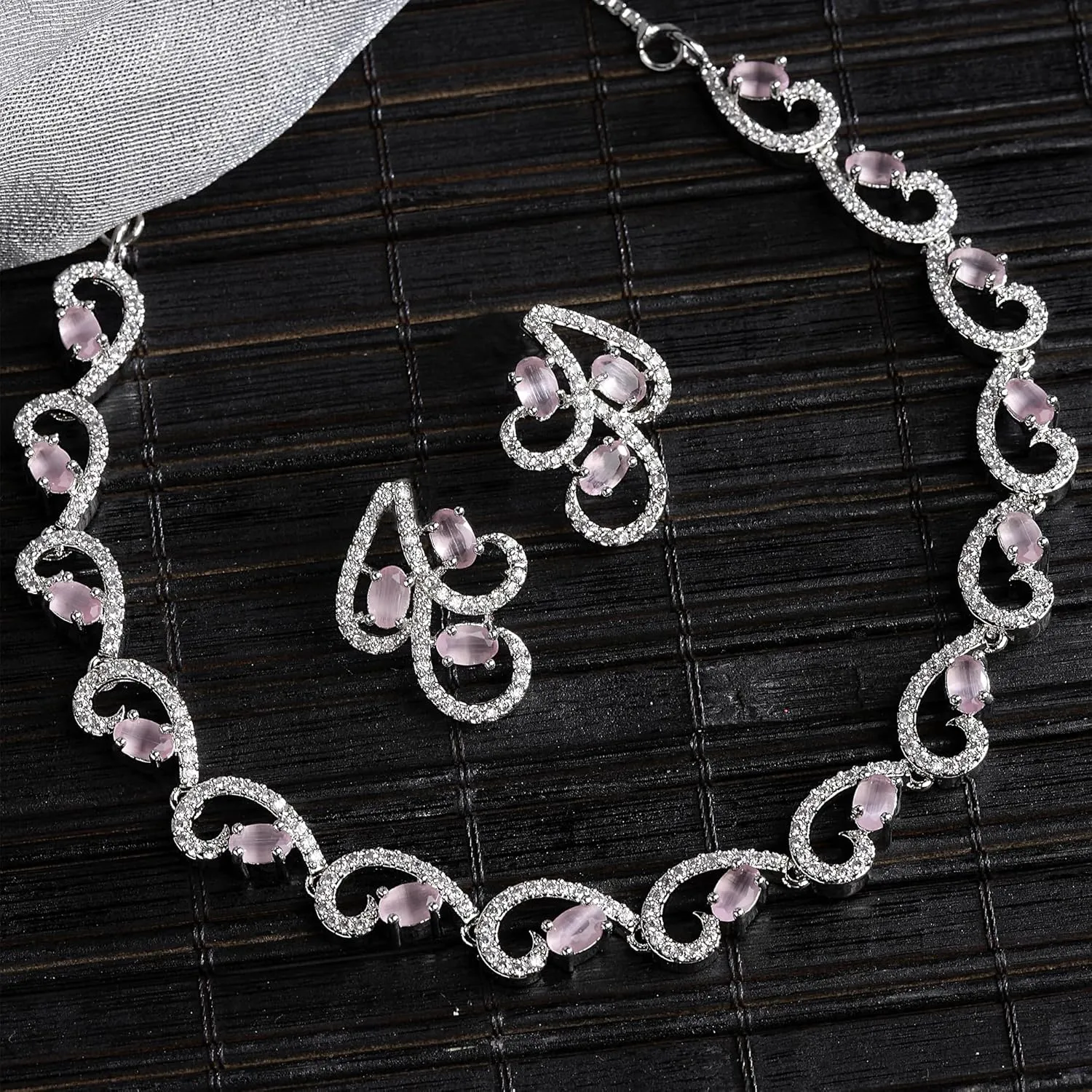 Women Rhodium-Plated with Silver-Toned Cubic Zirconia & American Diamond studded Necklace and Drop Earrings Jewellery Set
