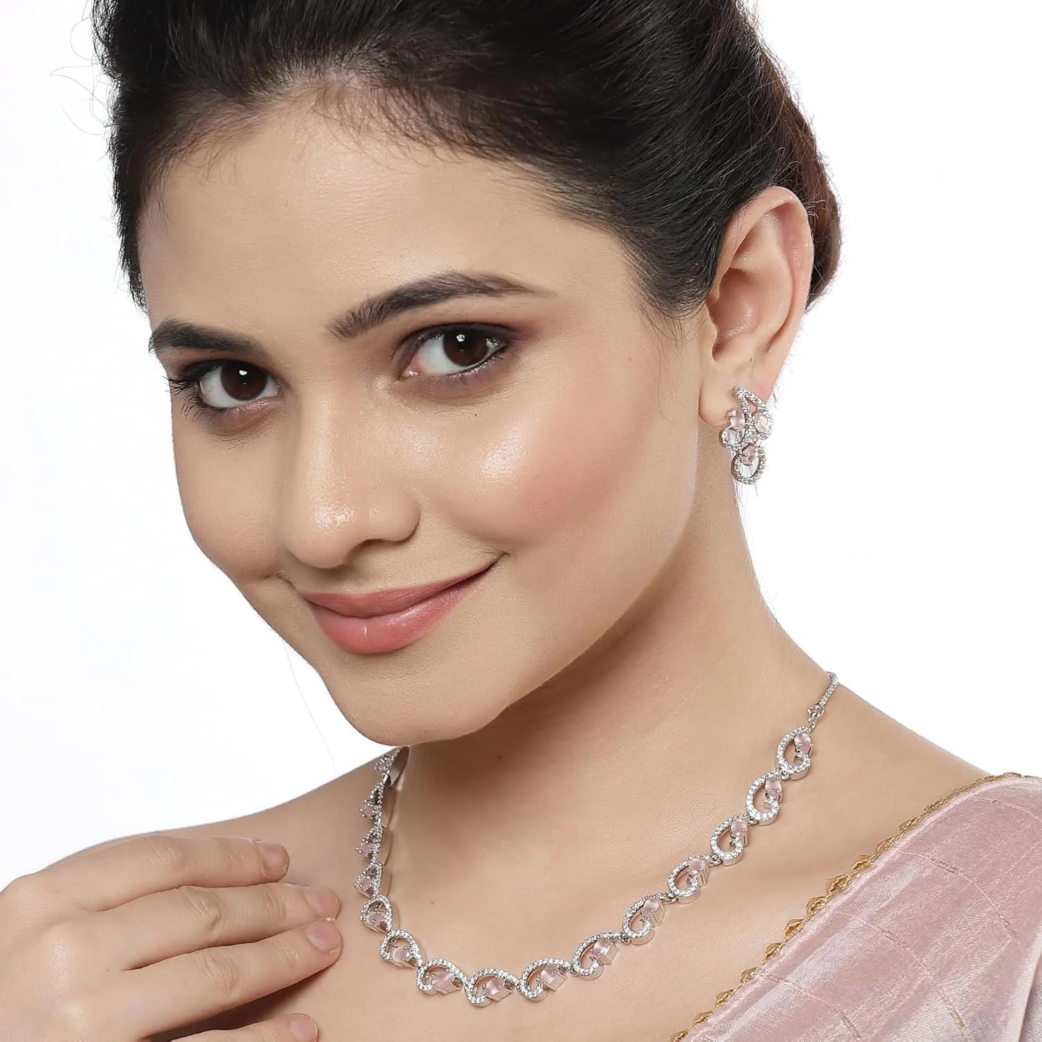 Women Rhodium-Plated with Silver-Toned Cubic Zirconia & American Diamond studded Necklace and Drop Earrings Jewellery Set