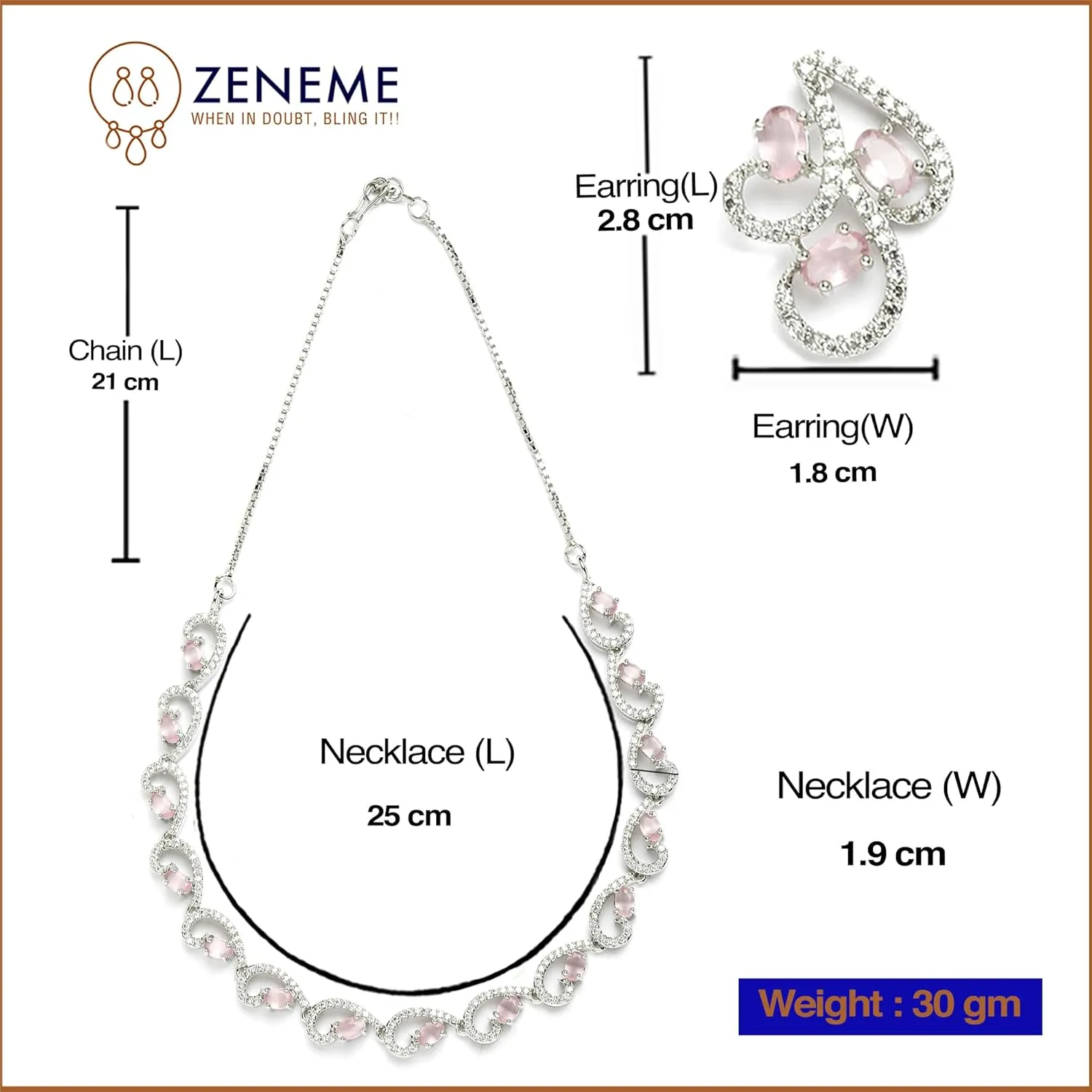 Women Rhodium-Plated with Silver-Toned Cubic Zirconia & American Diamond studded Necklace and Drop Earrings Jewellery Set