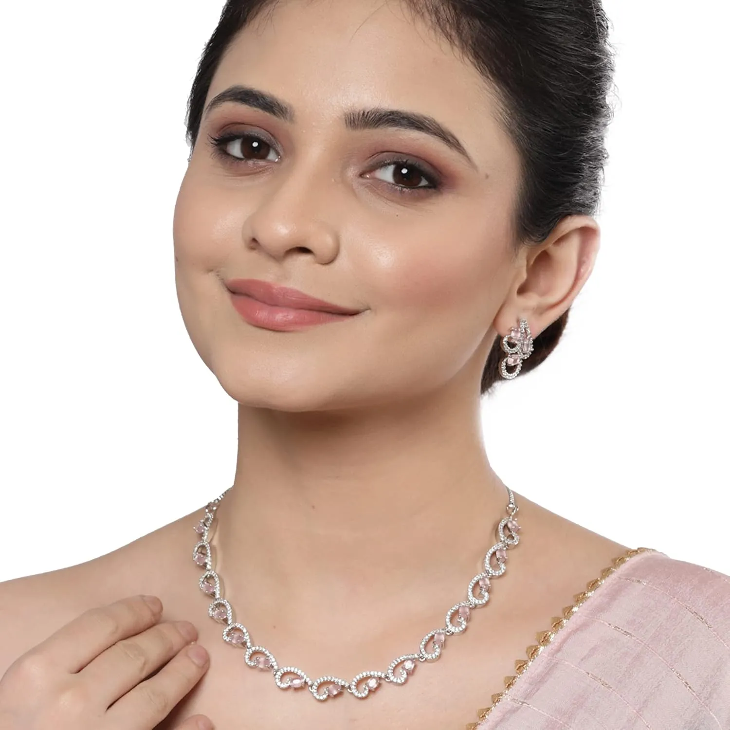 Women Rhodium-Plated with Silver-Toned Cubic Zirconia & American Diamond studded Necklace and Drop Earrings Jewellery Set