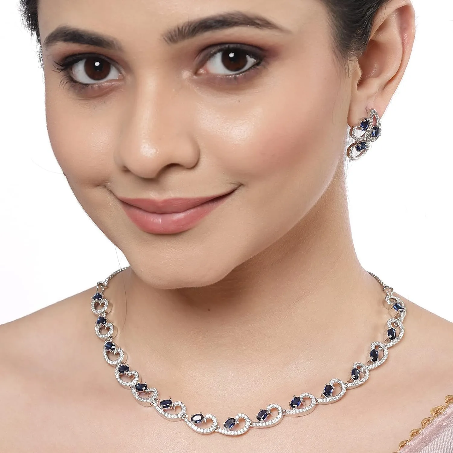 Women Rhodium-Plated with Silver-Toned Cubic Zirconia & American Diamond studded Necklace and Drop Earrings Jewellery Set