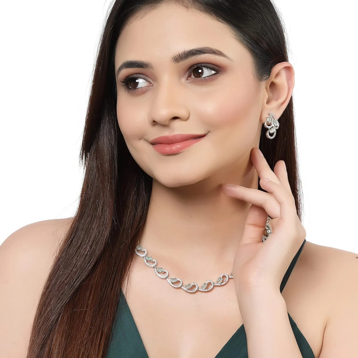 Women Rhodium-Plated with Silver-Toned Cubic Zirconia & American Diamond studded Necklace and Drop Earrings Jewellery Set