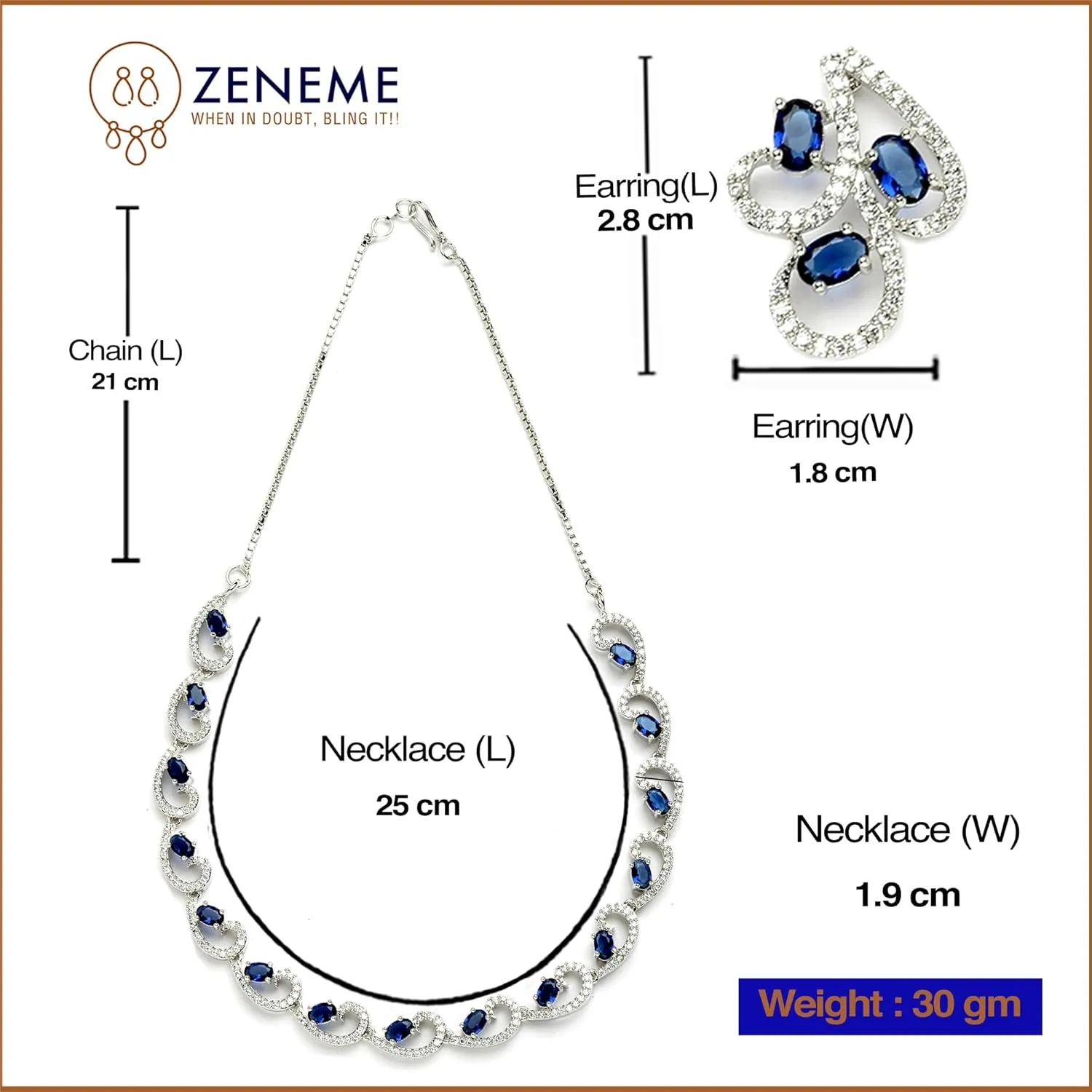 Women Rhodium-Plated with Silver-Toned Cubic Zirconia & American Diamond studded Necklace and Drop Earrings Jewellery Set