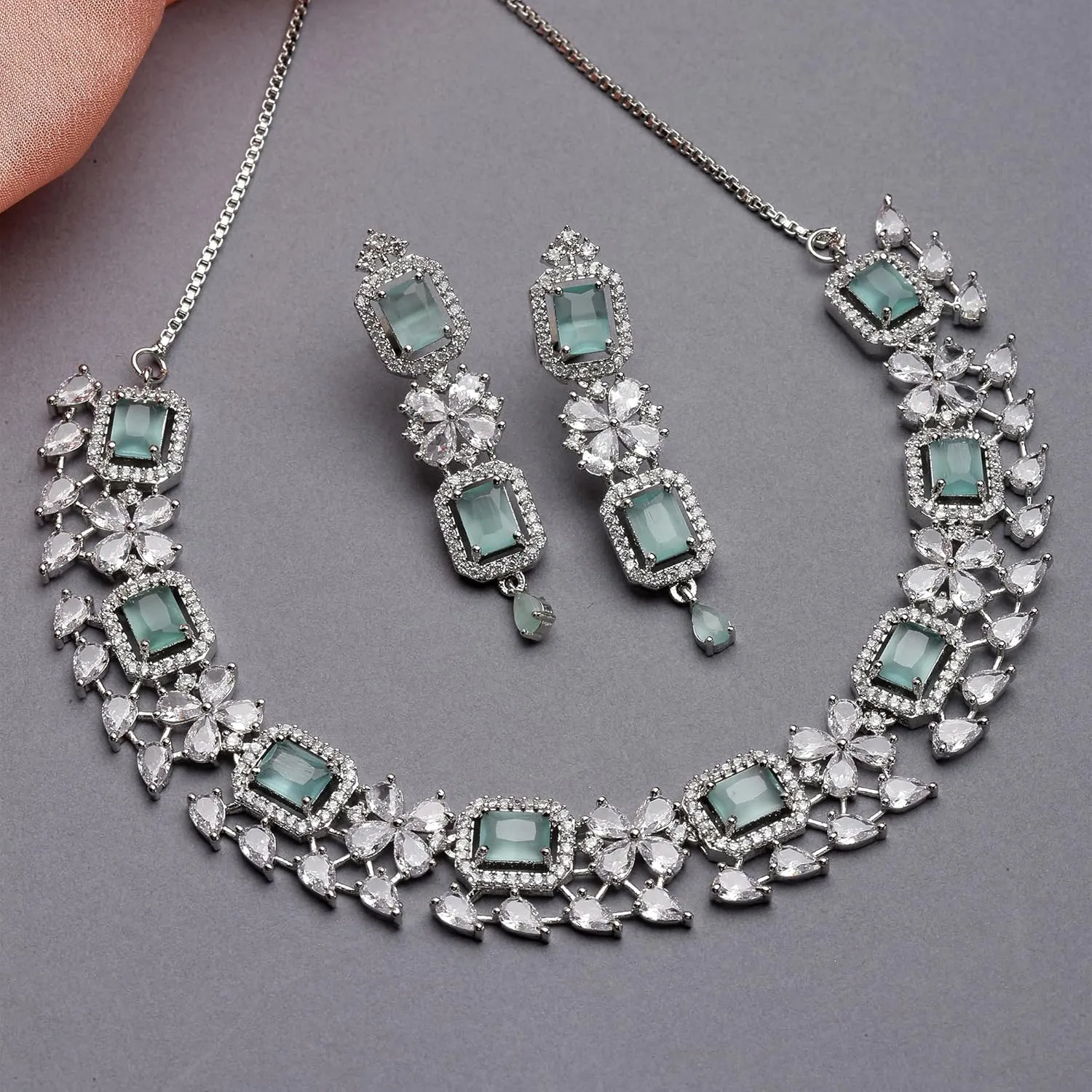 Women Rhodium-Plated with Silver-Toned Green and American Diamond Studded Necklace and Earrings Jewellery Set