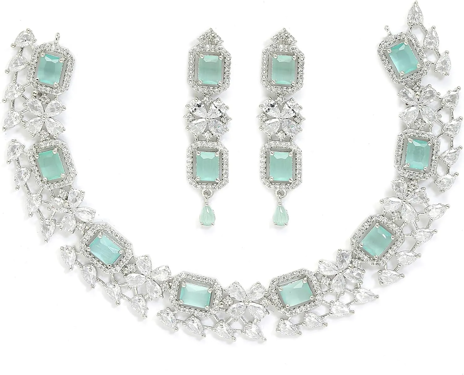 Women Rhodium-Plated with Silver-Toned Green and American Diamond Studded Necklace and Earrings Jewellery Set
