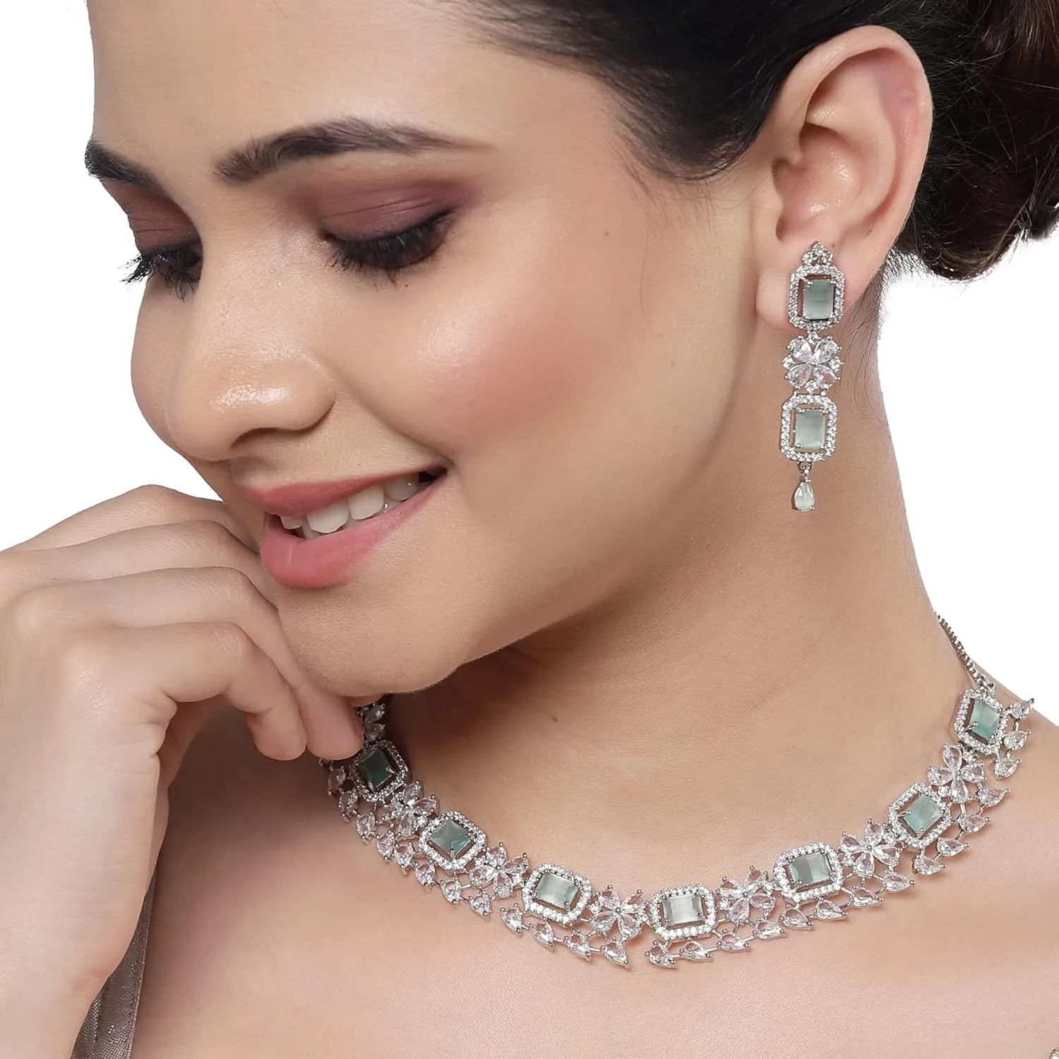 Women Rhodium-Plated with Silver-Toned Green and American Diamond Studded Necklace and Earrings Jewellery Set