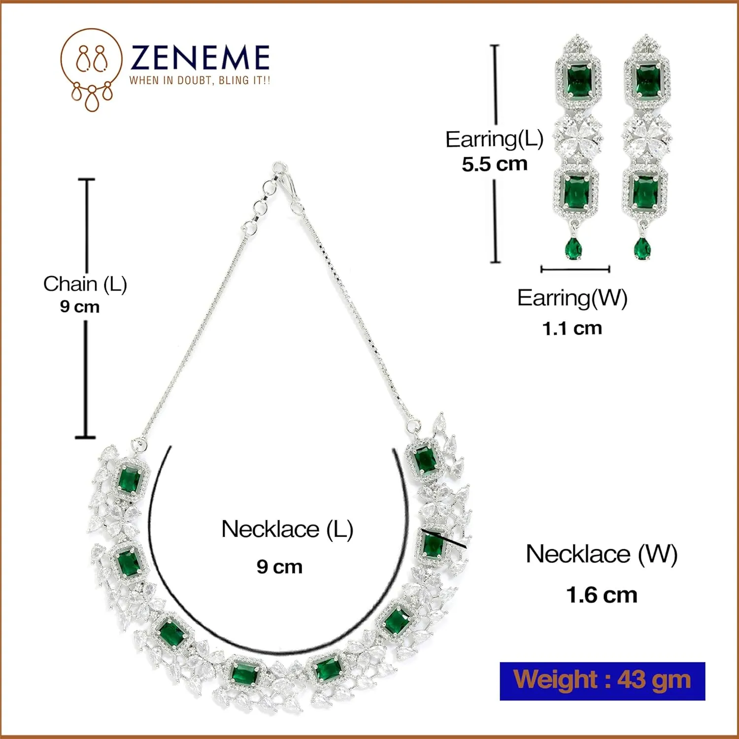 Women Rhodium-Plated with Silver-Toned Green and American Diamond Studded Necklace and Earrings Jewellery Set