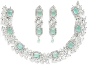 Women Rhodium-Plated with Silver-Toned Green and American Diamond Studded Necklace and Earrings Jewellery Set
