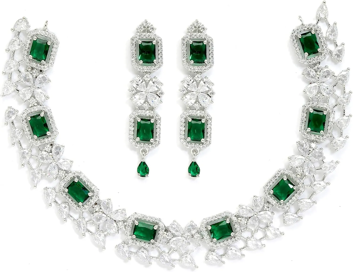 Women Rhodium-Plated with Silver-Toned Green and American Diamond Studded Necklace and Earrings Jewellery Set
